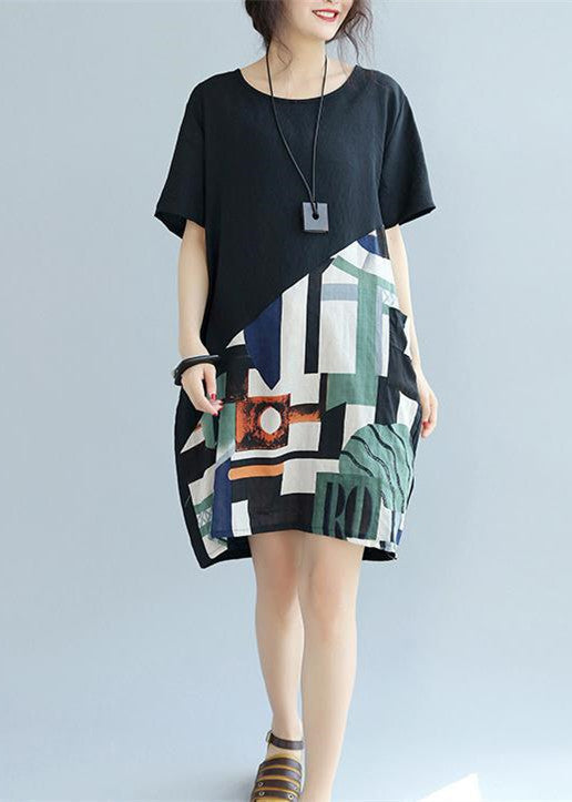Fine Black -print3 Patchwork Linen Shift Dress Loose Fitting Cotton Clothing Dress Short Sleeve Wild Prints Knee Dresses