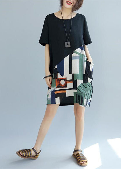 Fine Black -print3 Patchwork Linen Shift Dress Loose Fitting Cotton Clothing Dress Short Sleeve Wild Prints Knee Dresses