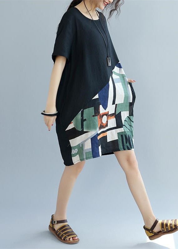 Fine Black -print3 Patchwork Linen Shift Dress Loose Fitting Cotton Clothing Dress Short Sleeve Wild Prints Knee Dresses