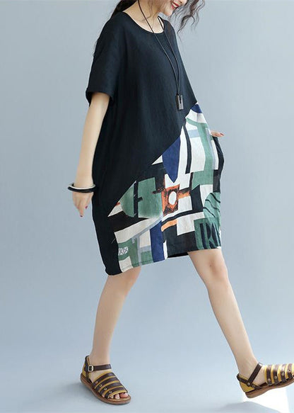 Fine Black -print2 Patchwork Linen Shift Dress Loose Fitting Cotton Clothing Dress Short Sleeve Wild Prints Knee Dresses