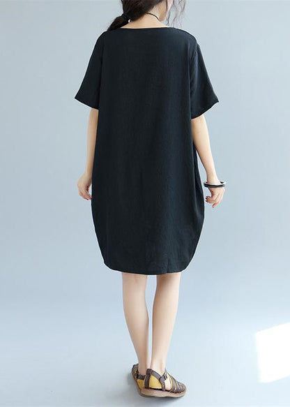 Fine Black Patchwork Linen Shift Dress Loose Fitting Cotton Clothing Dress Short Sleeve Wild Prints Knee Dresses