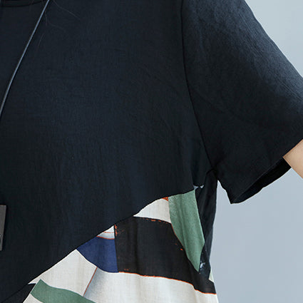 Fine Black -print3 Patchwork Linen Shift Dress Loose Fitting Cotton Clothing Dress Short Sleeve Wild Prints Knee Dresses