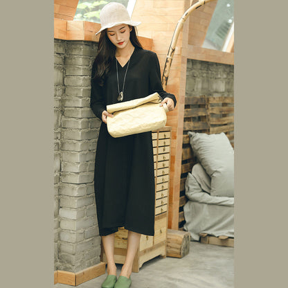 Fine Black Fall Dresses Baggy V Neck Jacquard Dresses