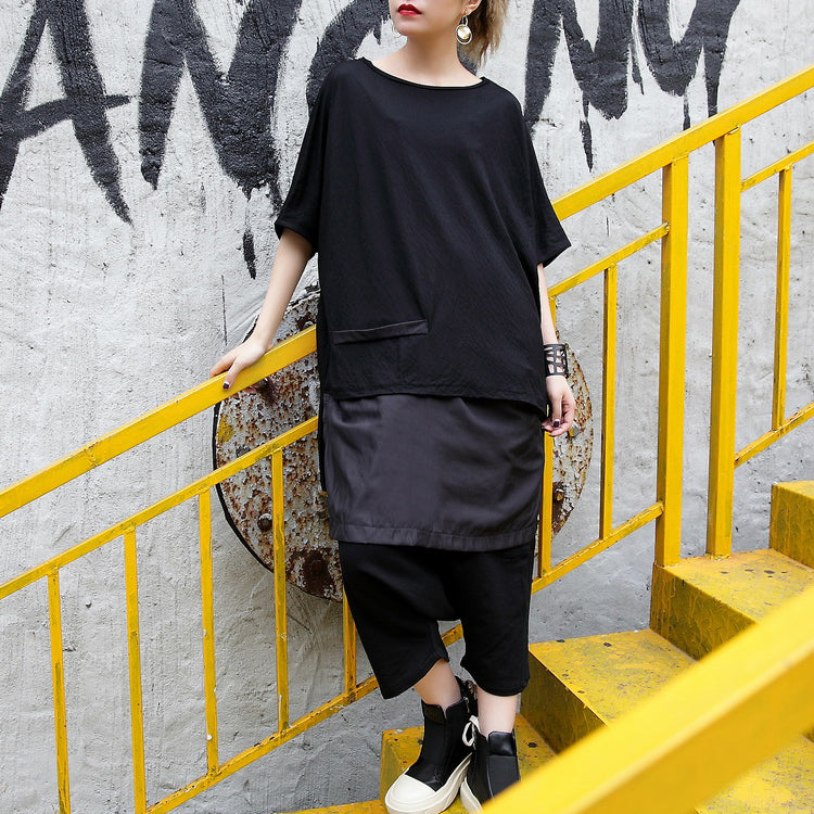 Fine Black Pure Linen Blouse Linen Cotton T Shirt Fine Asymmetric Hem Patchwork Cotton Shirts
