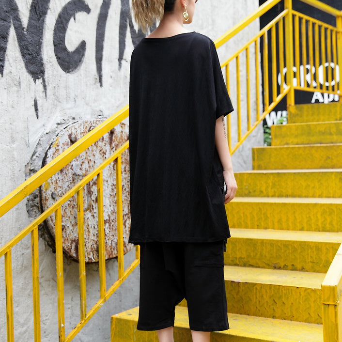 Fine Black Pure Linen Blouse Linen Cotton T Shirt Fine Asymmetric Hem Patchwork Cotton Shirts