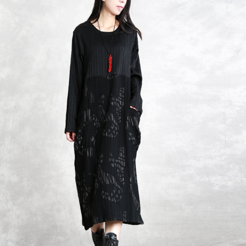 Fine Black Striped Autumn Cotton Blended Dress Clothing O Neck Patchwork Cotton Blended Gown Long Sleeve Pockets Maxi Dresses