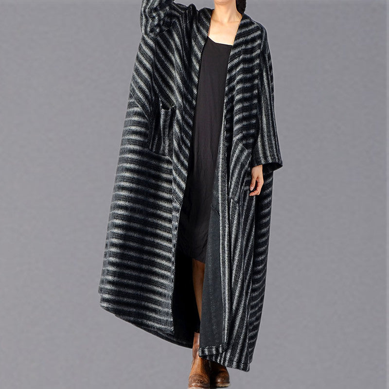 Fine Black Striped Maxi Coat Pockets Long Coat Large Hem Winter Coats