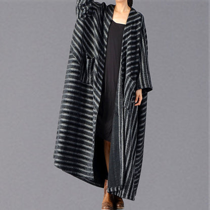 Fine Black Striped Maxi Coat Pockets Long Coat Large Hem Winter Coats