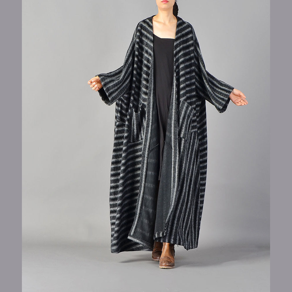 Fine Black Striped Maxi Coat Pockets Long Coat Large Hem Winter Coats