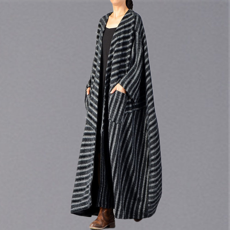 Fine Black Striped Maxi Coat Pockets Long Coat Large Hem Winter Coats