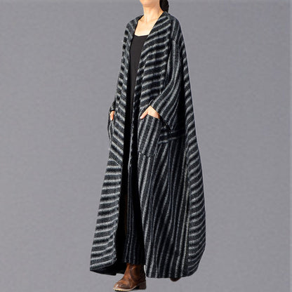 Fine Black Striped Maxi Coat Pockets Long Coat Large Hem Winter Coats