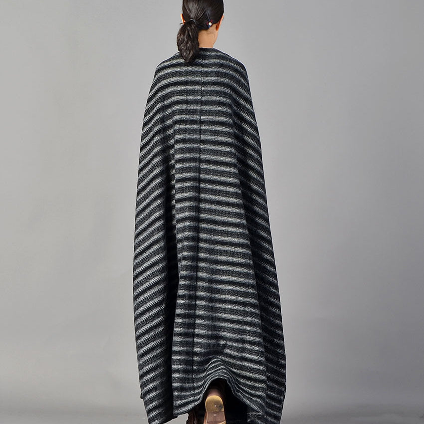 Fine Black Striped Maxi Coat Pockets Long Coat Large Hem Winter Coats
