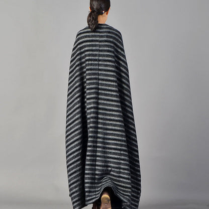 Fine Black Striped Maxi Coat Pockets Long Coat Large Hem Winter Coats