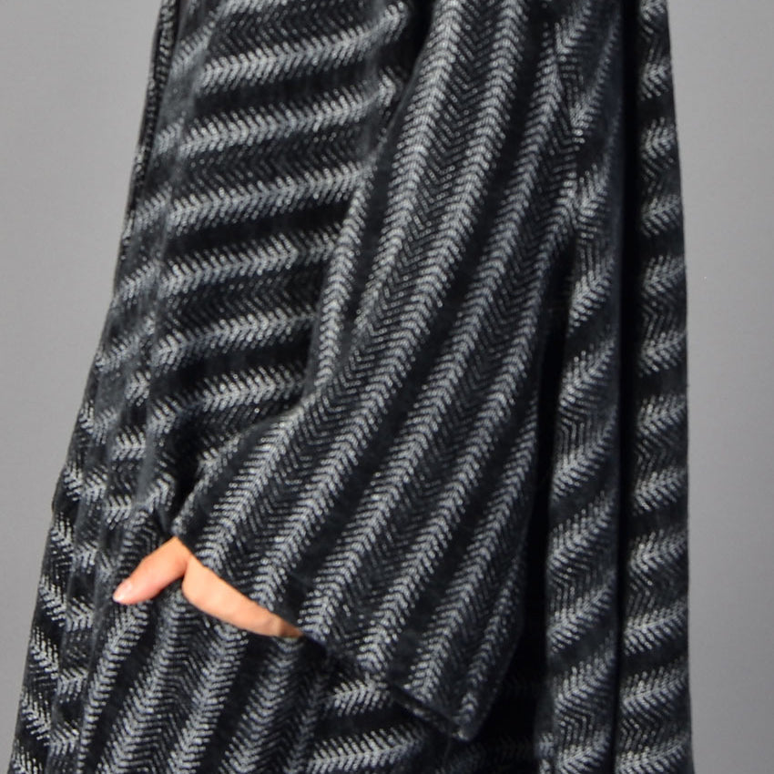 Fine Black Striped Maxi Coat Pockets Long Coat Large Hem Winter Coats