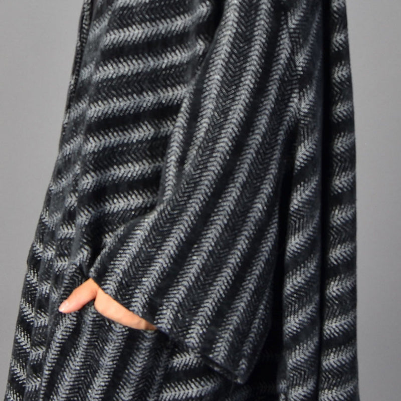 Fine Black Striped Maxi Coat Pockets Long Coat Large Hem Winter Coats