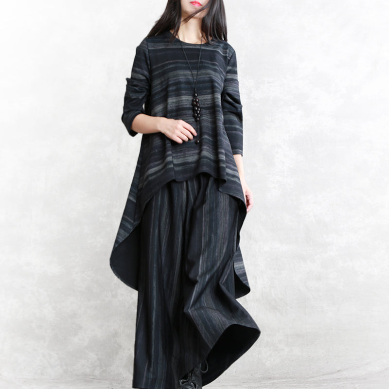 Fine Black Striped Pure Cotton Blended Two Pieces Traveling Clothing Boutique Long Sleeve O Neck Pockets Tops Cotton Blended Baggy Trouse