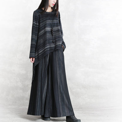 Fine Black Striped Pure Cotton Blended Two Pieces Traveling Clothing Boutique Long Sleeve O Neck Pockets Tops Cotton Blended Baggy Trouse