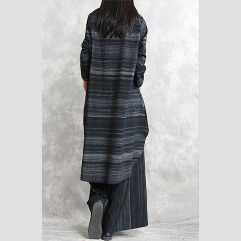 Fine Black Striped Pure Cotton Blended Two Pieces Traveling Clothing Boutique Long Sleeve O Neck Pockets Tops Cotton Blended Baggy Trouse