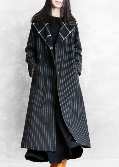 Fine Black Striped Wool Coat Oversized Trench Coat Notched Patchwork