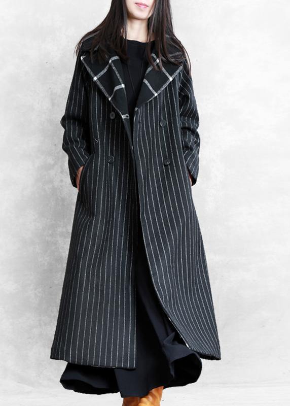 Fine Black Striped Wool Coat Oversized Trench Coat Notched Patchwork