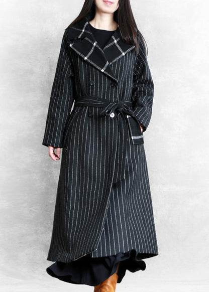 Fine Black Striped Wool Coat Oversized Trench Coat Notched Patchwork