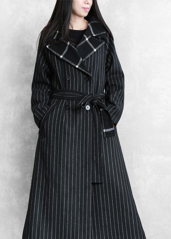 Fine Black Striped Wool Coat Oversized Trench Coat Notched Patchwork