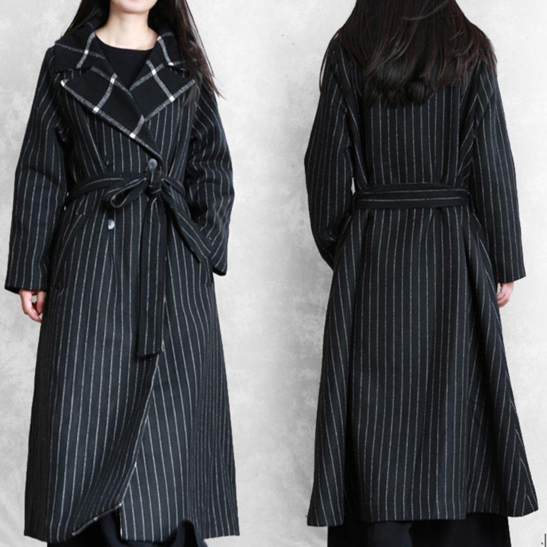 Fine Black Striped Wool Coat Oversized Trench Coat Notched Patchwork