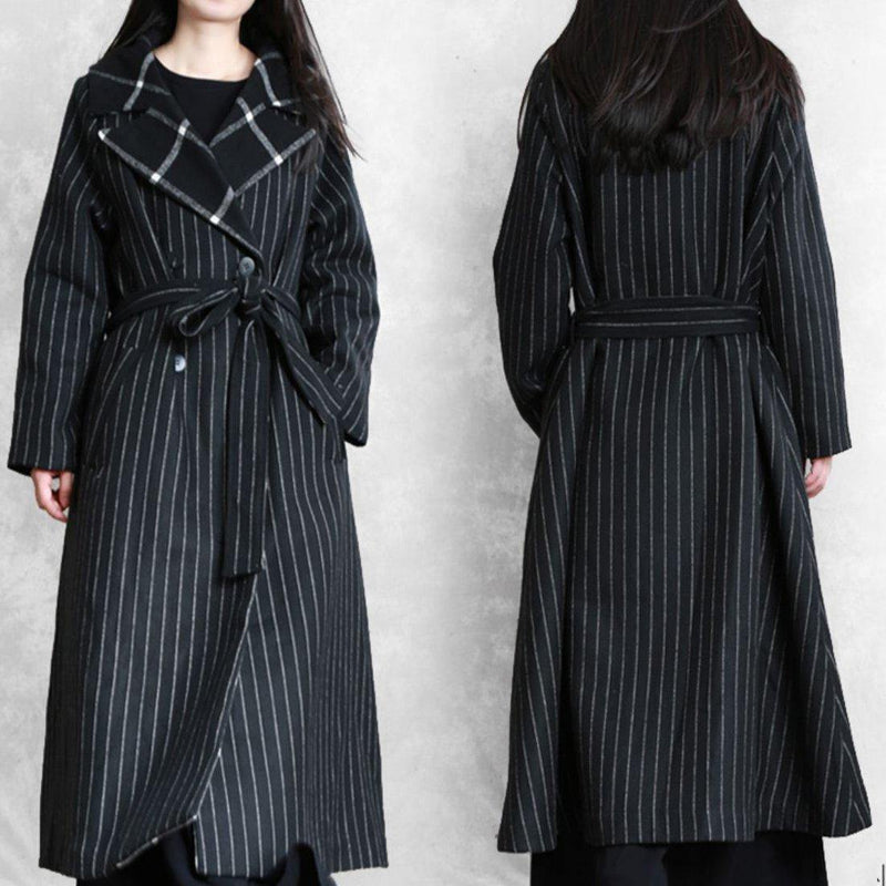 Fine Black Striped Wool Coat Oversized Trench Coat Notched Patchwork