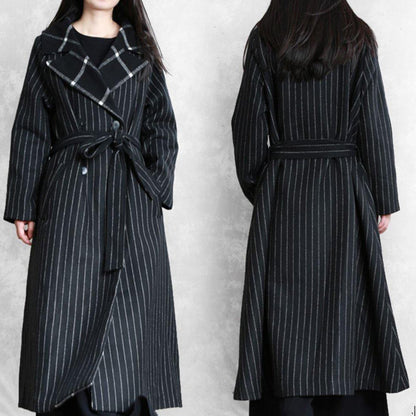 Fine Black Striped Wool Coat Oversized Trench Coat Notched Patchwork