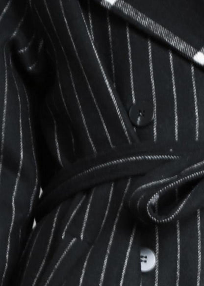 Fine Black Striped Wool Coat Oversized Trench Coat Notched Patchwork