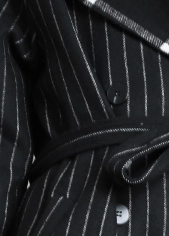 Fine Black Striped Wool Coat Oversized Trench Coat Notched Patchwork