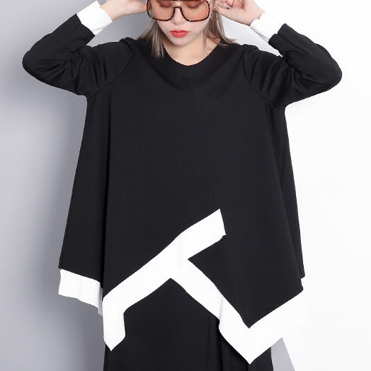 Fine Black T Shirt Loose Fitting V Neck Traveling Blouse Asymmetrical Design Cotton Blended Tops