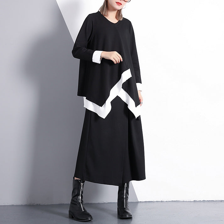 Fine Black T Shirt Loose Fitting V Neck Traveling Blouse Asymmetrical Design Cotton Blended Tops