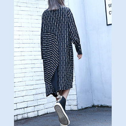Fine Black White Striped Fall Shirt Dress Clothing Turn-down Collar Long Sleeve Asymmetrical Design Shirt Dresses