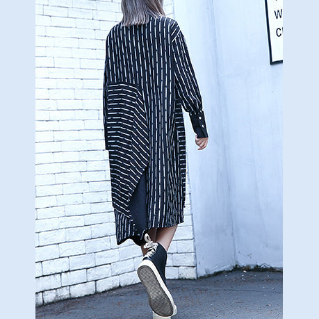 Fine Black White Striped Fall Shirt Dress Clothing Turn-down Collar Long Sleeve Asymmetrical Design Shirt Dresses