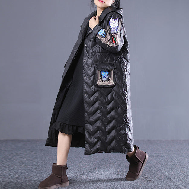 Fine Black Winter Down Coat Loose Fitting Hooded Down Coat Embroidery Pockets Winter Down Coat