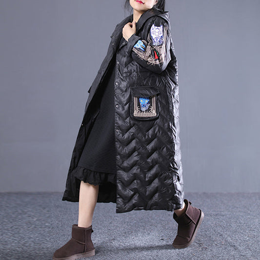 Fine Black Winter Down Coat Loose Fitting Hooded Down Coat Embroidery Pockets Winter Down Coat