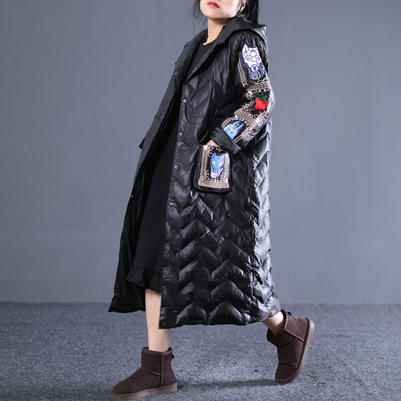 Fine Black Winter Down Coat Loose Fitting Hooded Down Coat Embroidery Pockets Winter Down Coat