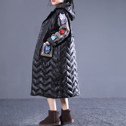 Fine Black Winter Down Coat Loose Fitting Hooded Down Coat Embroidery Pockets Winter Down Coat