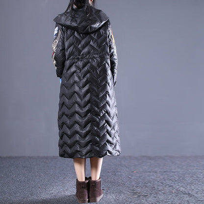 Fine Black Winter Down Coat Loose Fitting Hooded Down Coat Embroidery Pockets Winter Down Coat