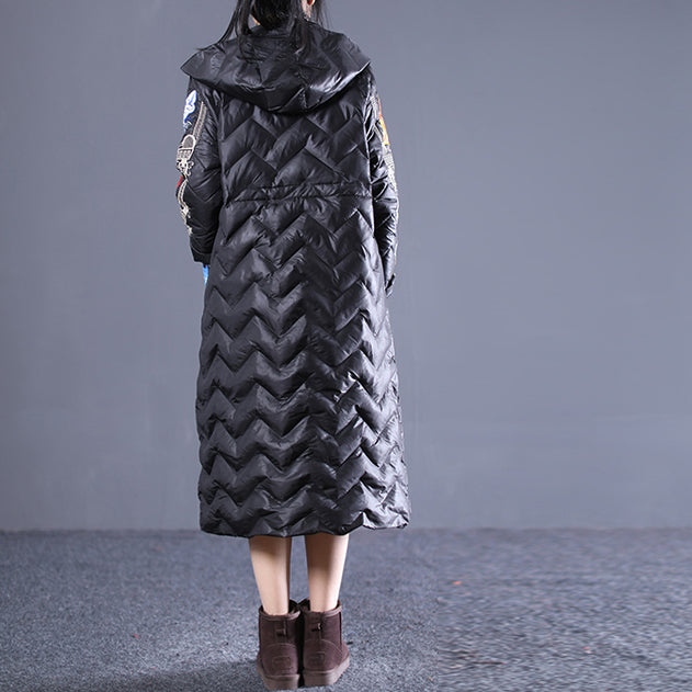 Fine Black Winter Down Coat Loose Fitting Hooded Down Coat Embroidery Pockets Winter Down Coat