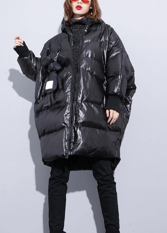 Fine Black Winter Outwear Coats Hooded Zippered Overcoat