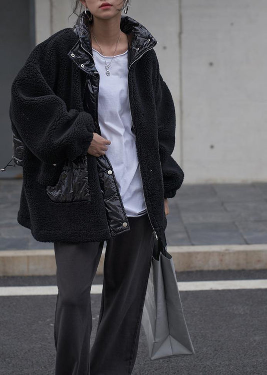 Black Wool Coat Stand Collar Patchwork Coats