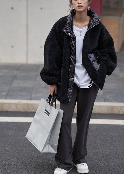Black Wool Coat Stand Collar Patchwork Coats