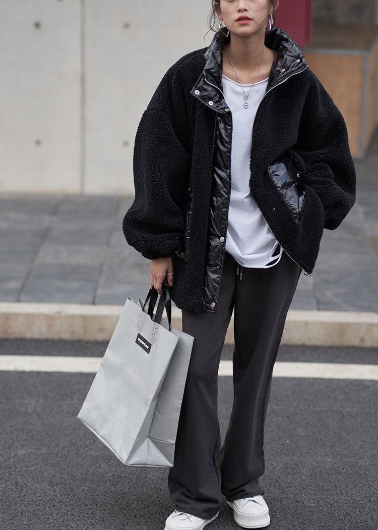 Black Wool Coat Stand Collar Patchwork Coats