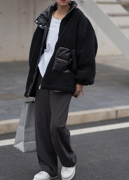 Black Wool Coat Stand Collar Patchwork Coats