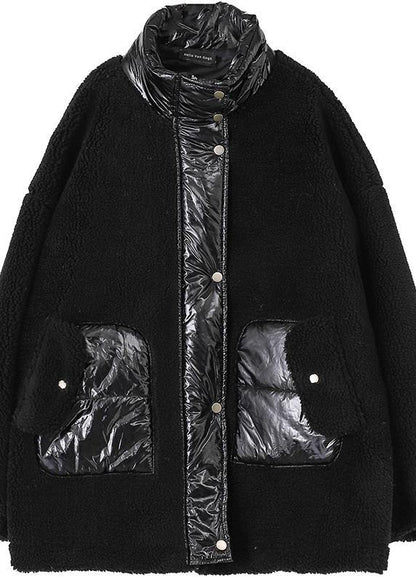 Black Wool Coat Stand Collar Patchwork Coats