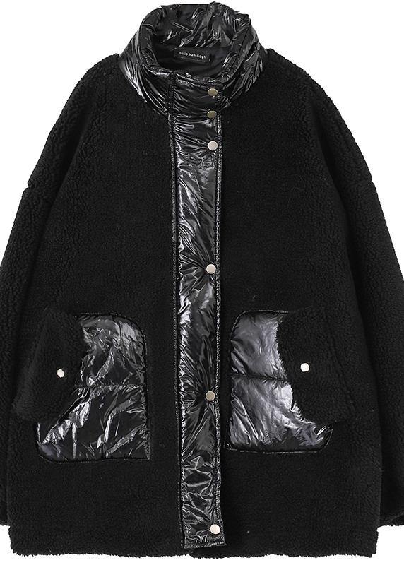 Black Wool Coat Stand Collar Patchwork Coats
