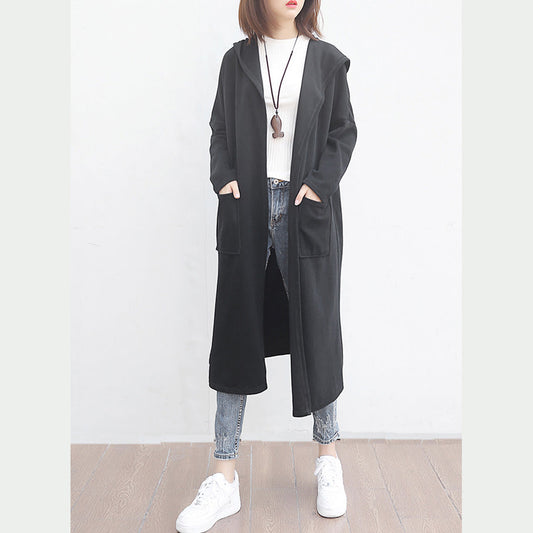 Fine Black Woolen Outwear Oversized Big Pockets Long Coats Hooded Jackets