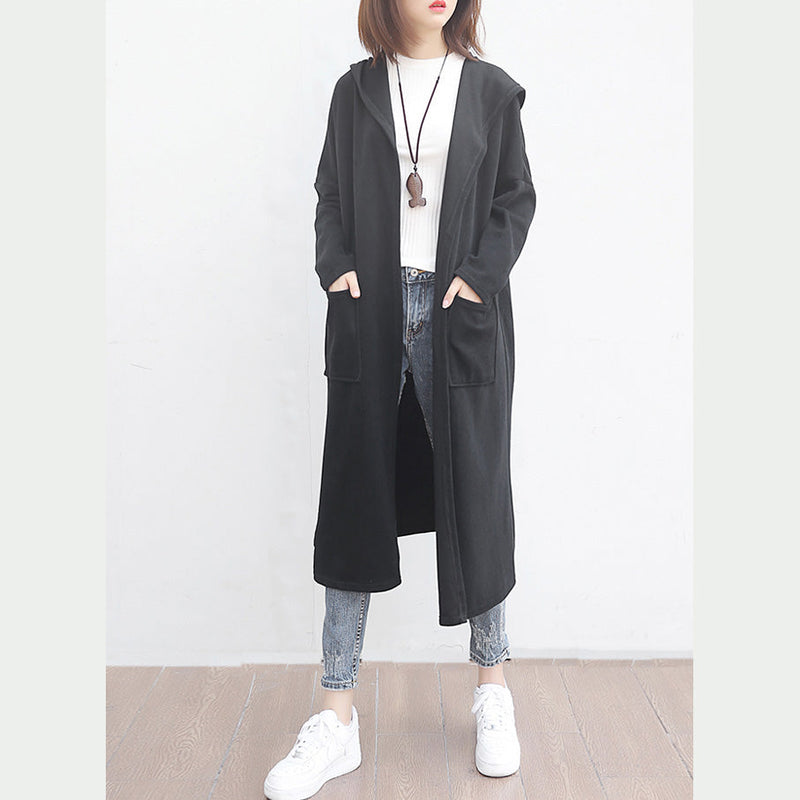 Fine Black Woolen Outwear Oversized Big Pockets Long Coats Hooded Jackets